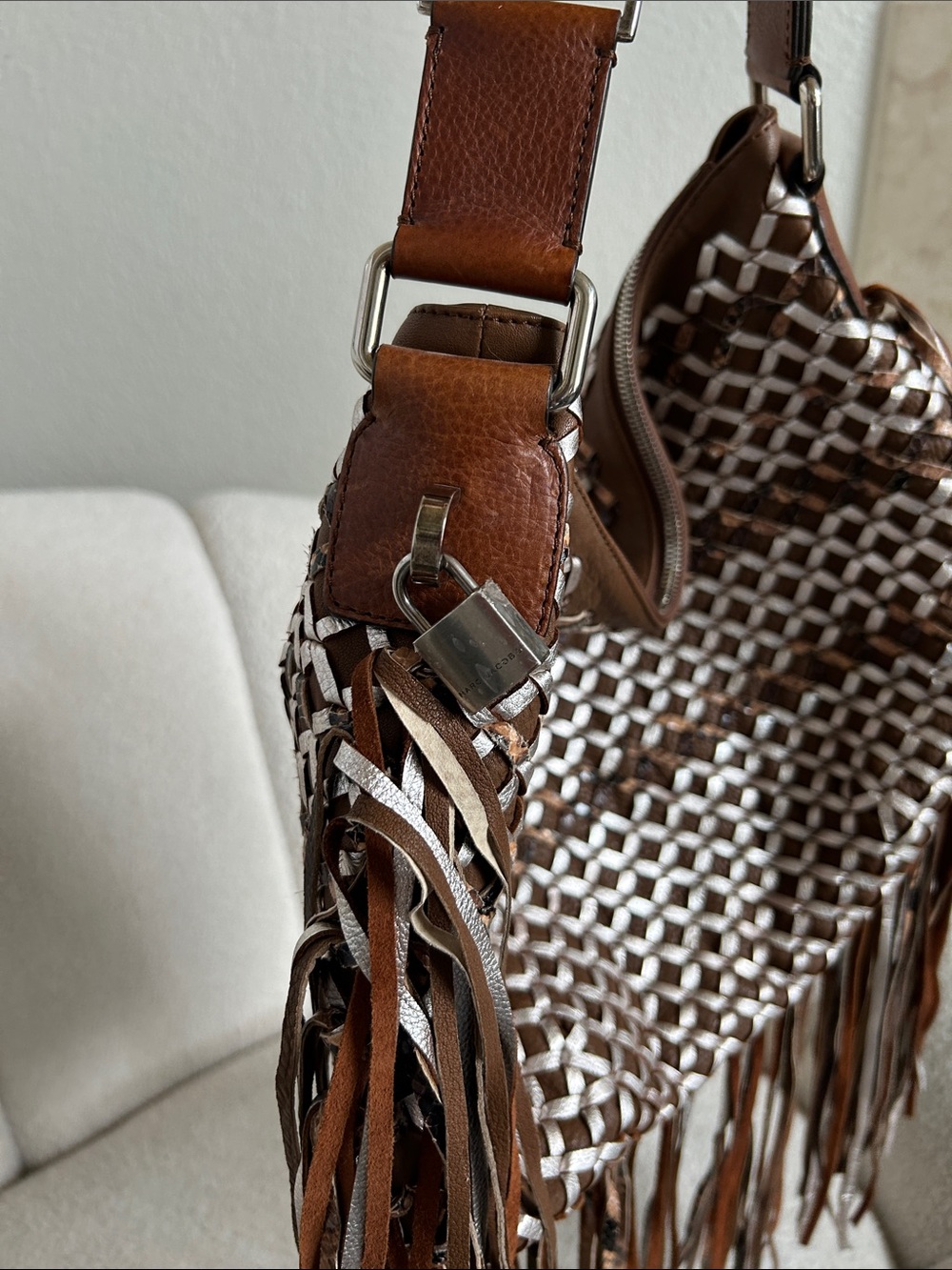 Marc Jacobs Woven Leather Fringe Shoulder Bag in Brown and Cream - Picture 2 of 5
